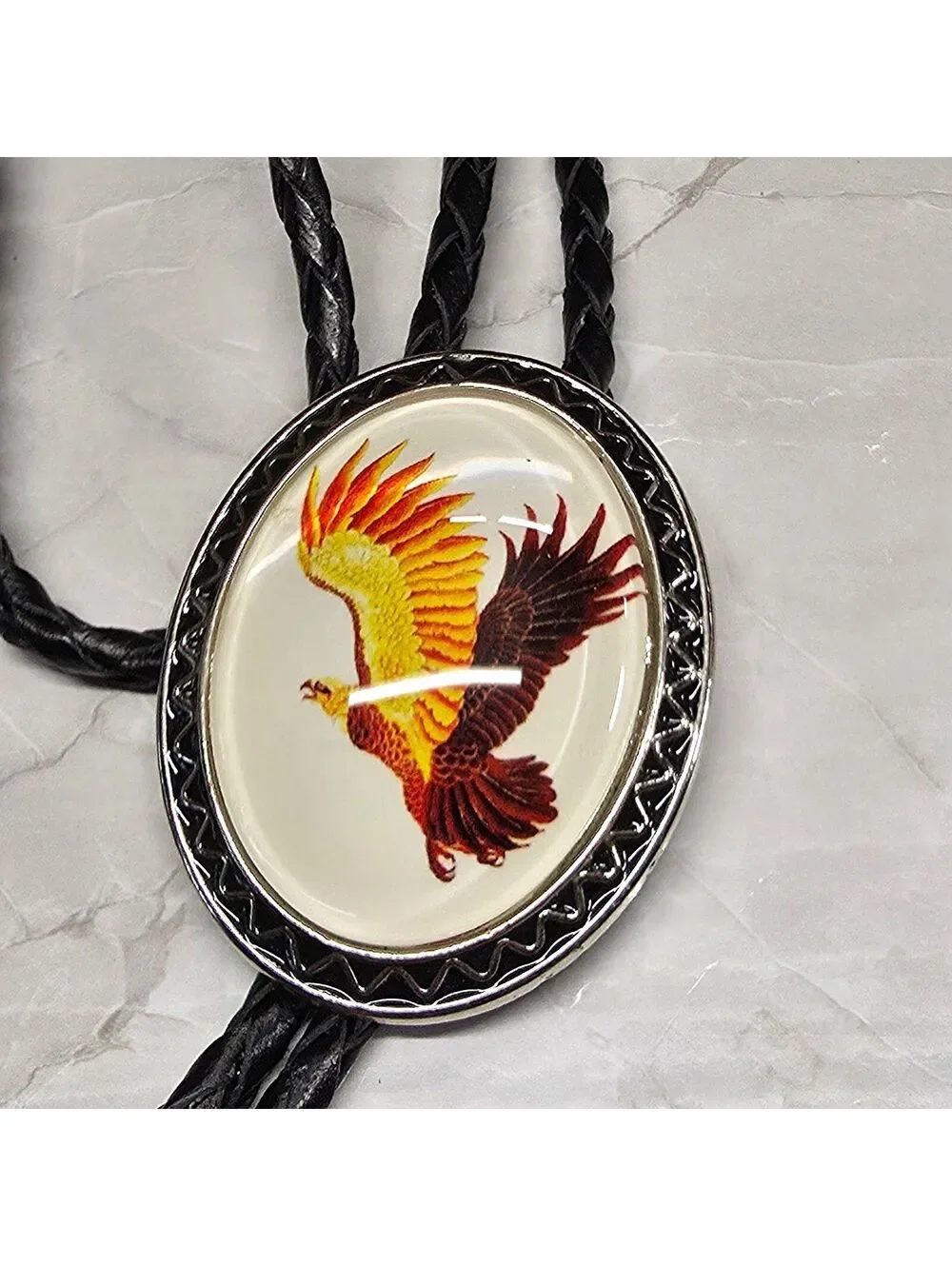New Western Black Braided Cord Bolo Tie Oval Cabachon Eagle Silver Tone Cowboy